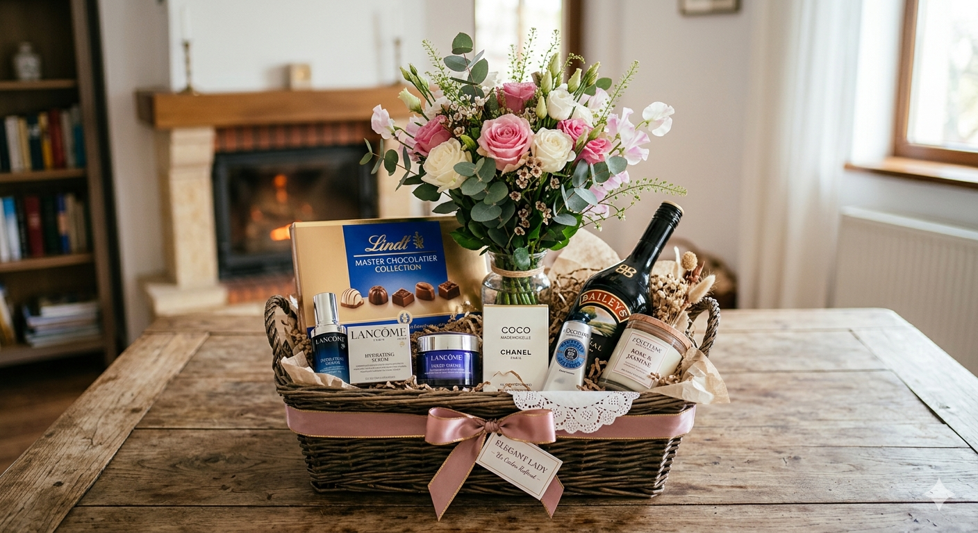 Coș cadou Elegant Lady – Flori parfumate, praline, lichior și cosmetice fine