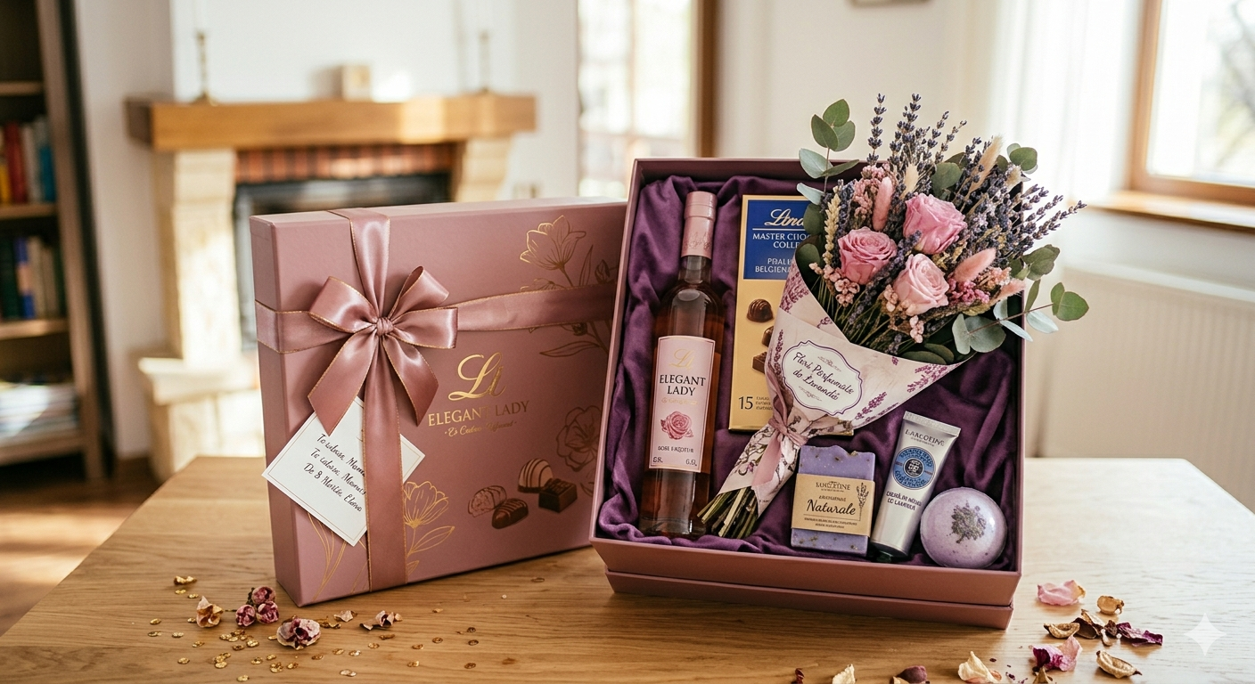 Coș cadou Special Joy – Vin, cozonac, praline și lumânări parfumate