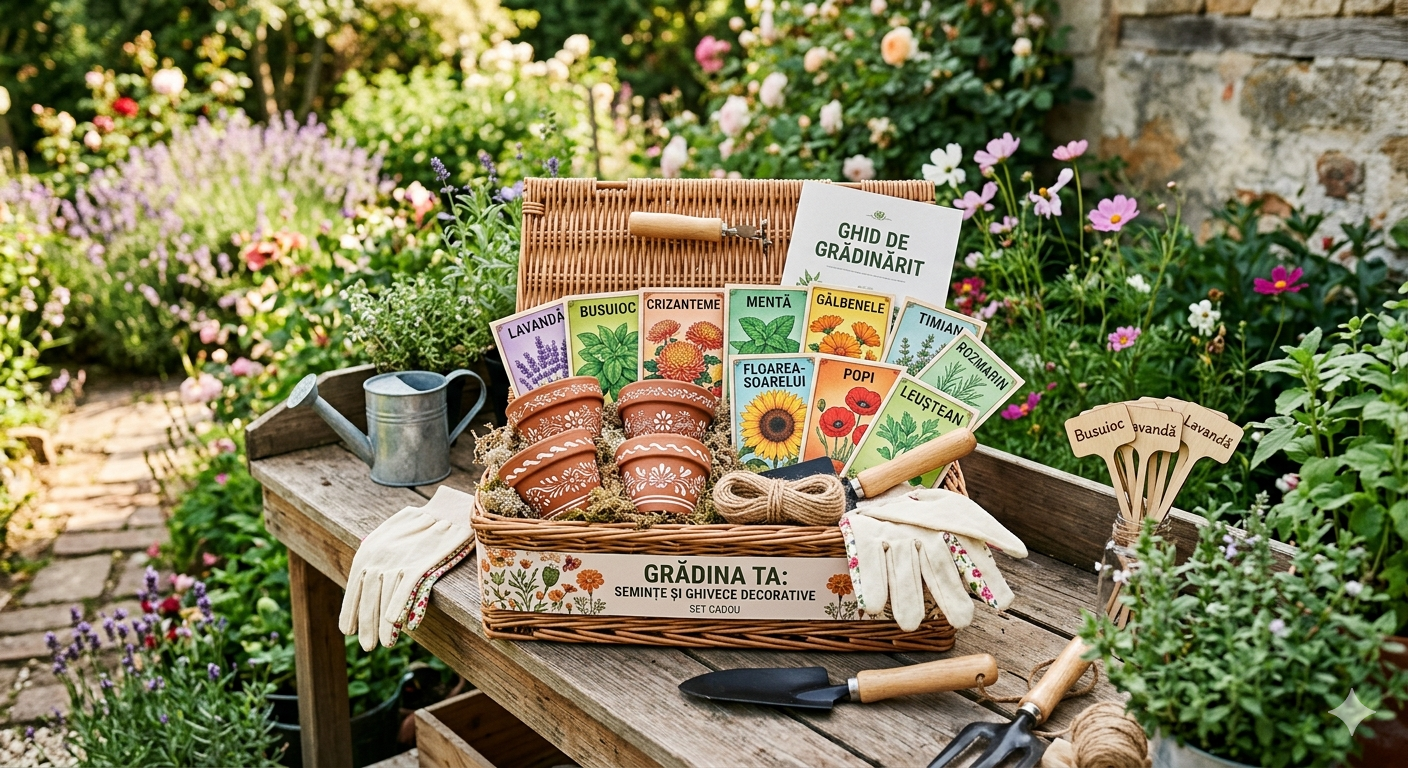 Set cadou „Grădina ta” – Semințe de flori și plante aromatice + ghivece decorative