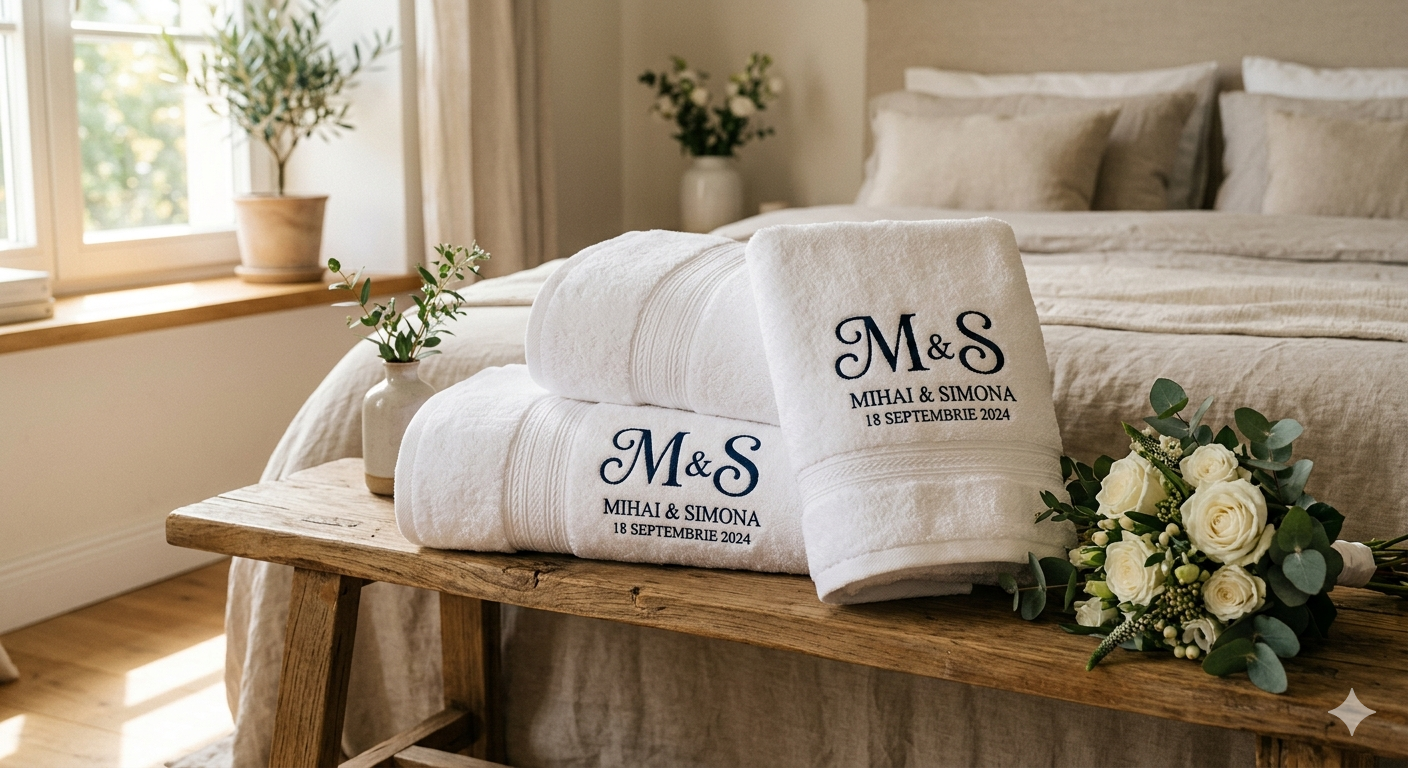 Set prosoape premium personalizate cu inițialele mirilor – Cadou practic și elegant