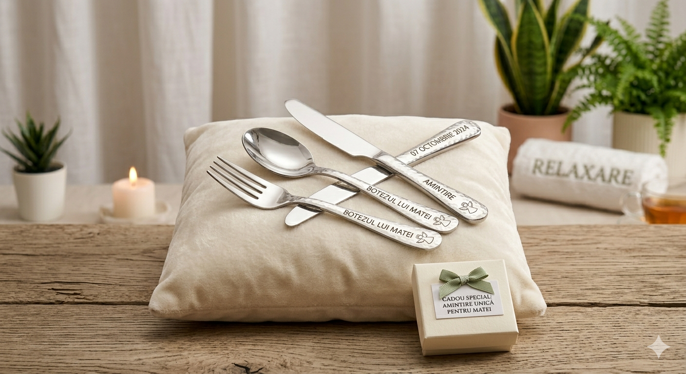 Tacâm personalizat pentru botez – Lingură și furculiță gravate cu numele copilului
