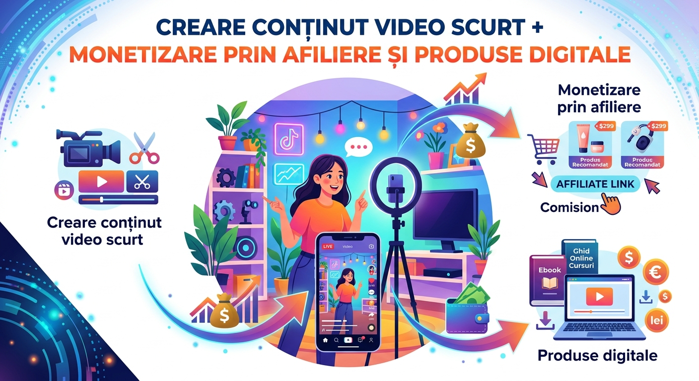 Creare conținut video scurt + monetizare prin afiliere și produse digitale